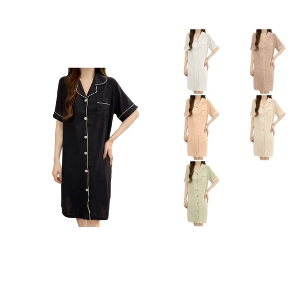 Antinious Women Solid Button Down Nightgowns Collared Summer Mid-Calf Sleep Dress