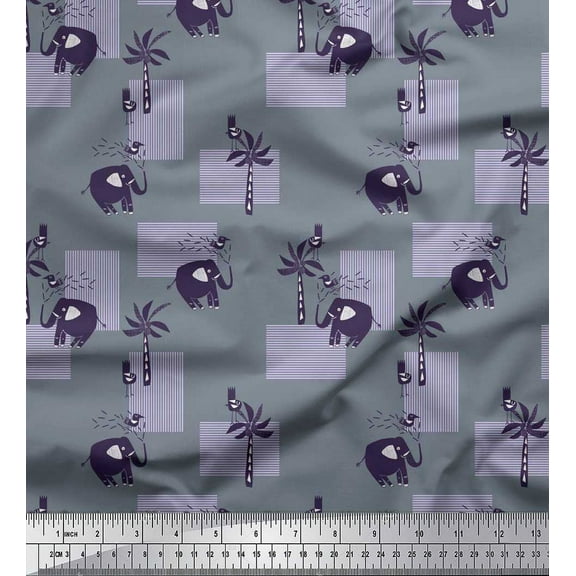 Soimoi Cotton Duck Fabric Bird,Coconut Tree & Elephant Kids Print Fabric by The Yard 42 Inch Wide