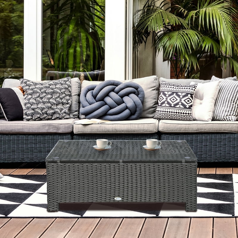 HOQBN PE Rattan Coffee Table, Rectangular Outdoor Coffee Table with Tempered Glass Top, 70 KG Capacity for Garden, Balcony, Terrace, Patio, Black