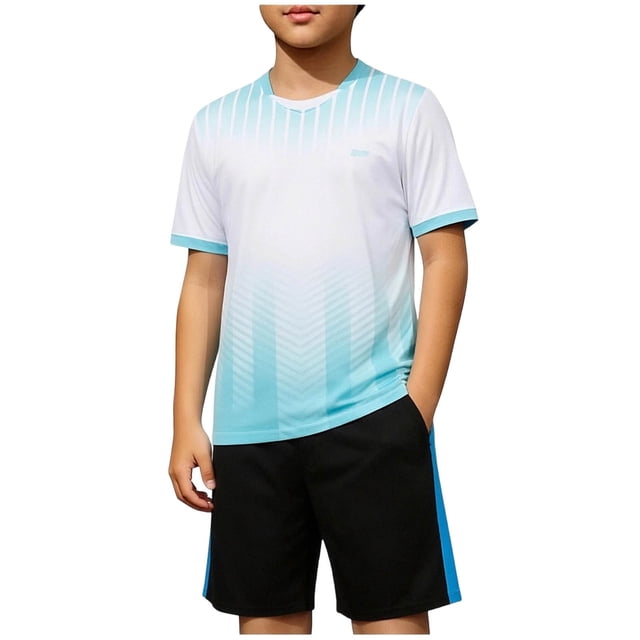 Odeerbi Niños Niñas Rápido Seco Juego de Entrenamiento de Fútbol Gradiente Geométrico Impresión Cuello En V Camiseta Shorts Conjunto Atlético Para 5-17 Años