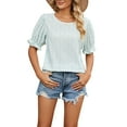thumbnail image 1 of Mujeres cuello redondo Ruffle manga Top Floral impresión suelta manga corta camisa Pullover Top luz verde S, 1 of 8
