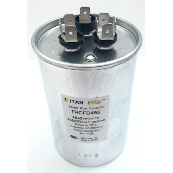 TitanPro TRCFD455 HVAC Round Dual Motor Run Capacitor. 45/5 MFD/UF440/370 Volts