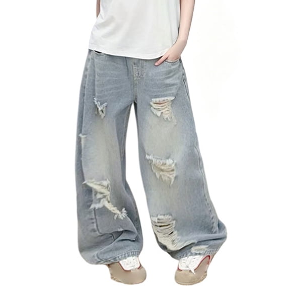 KAUOD Boy Ripped Jeans Wide Leg Vintage Washed Denim Pants Stretch Fashion Cargo, Trendy Loose Fit Trousers for Boys Girls
