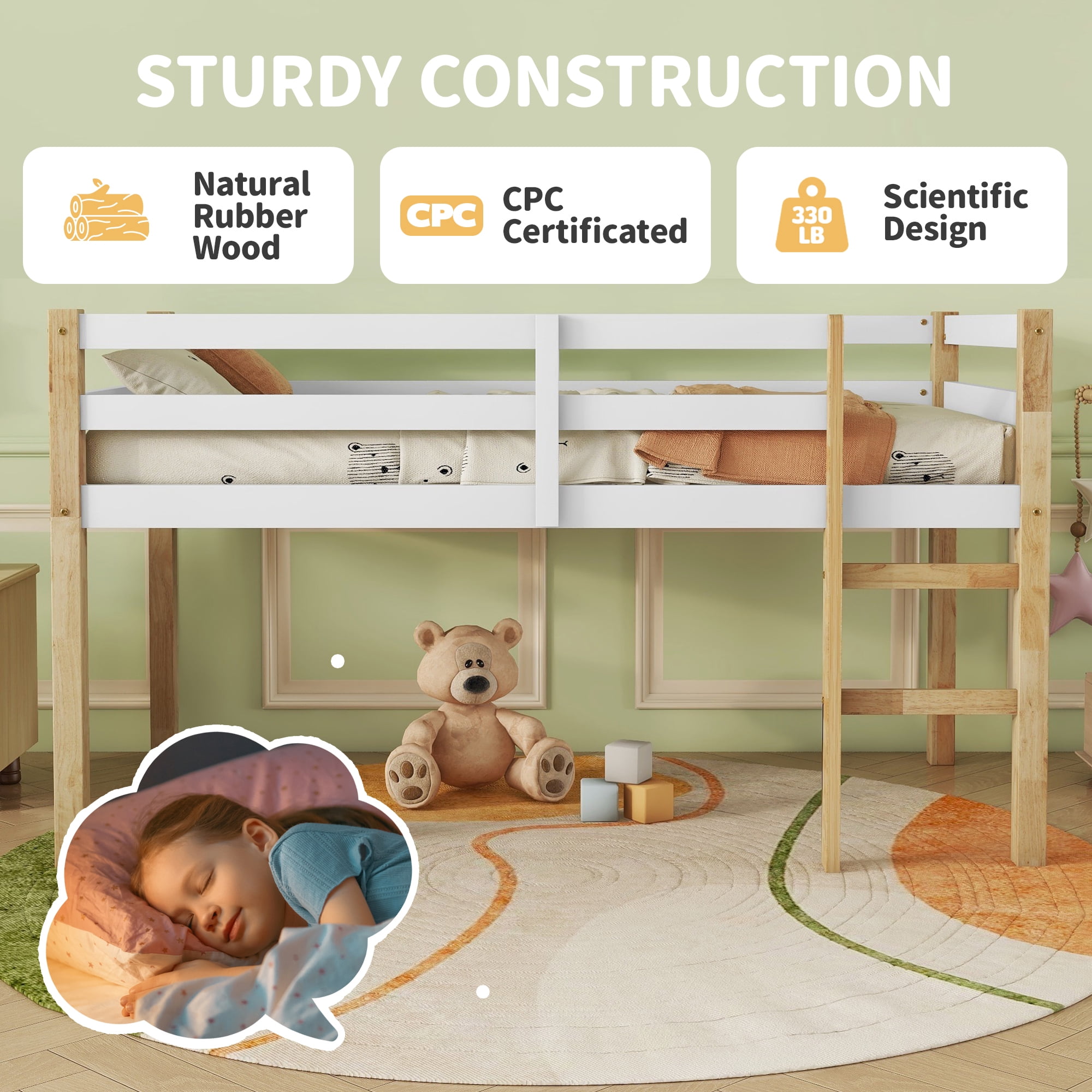 Alvantor Twin Loft Bed for Kids Wood Bed with Stairs, Natural+White