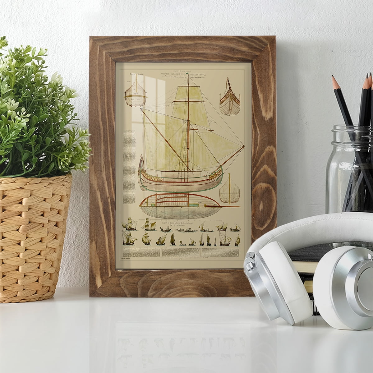 Antique Ship Plan I -Framed Print w/glass-Walnut