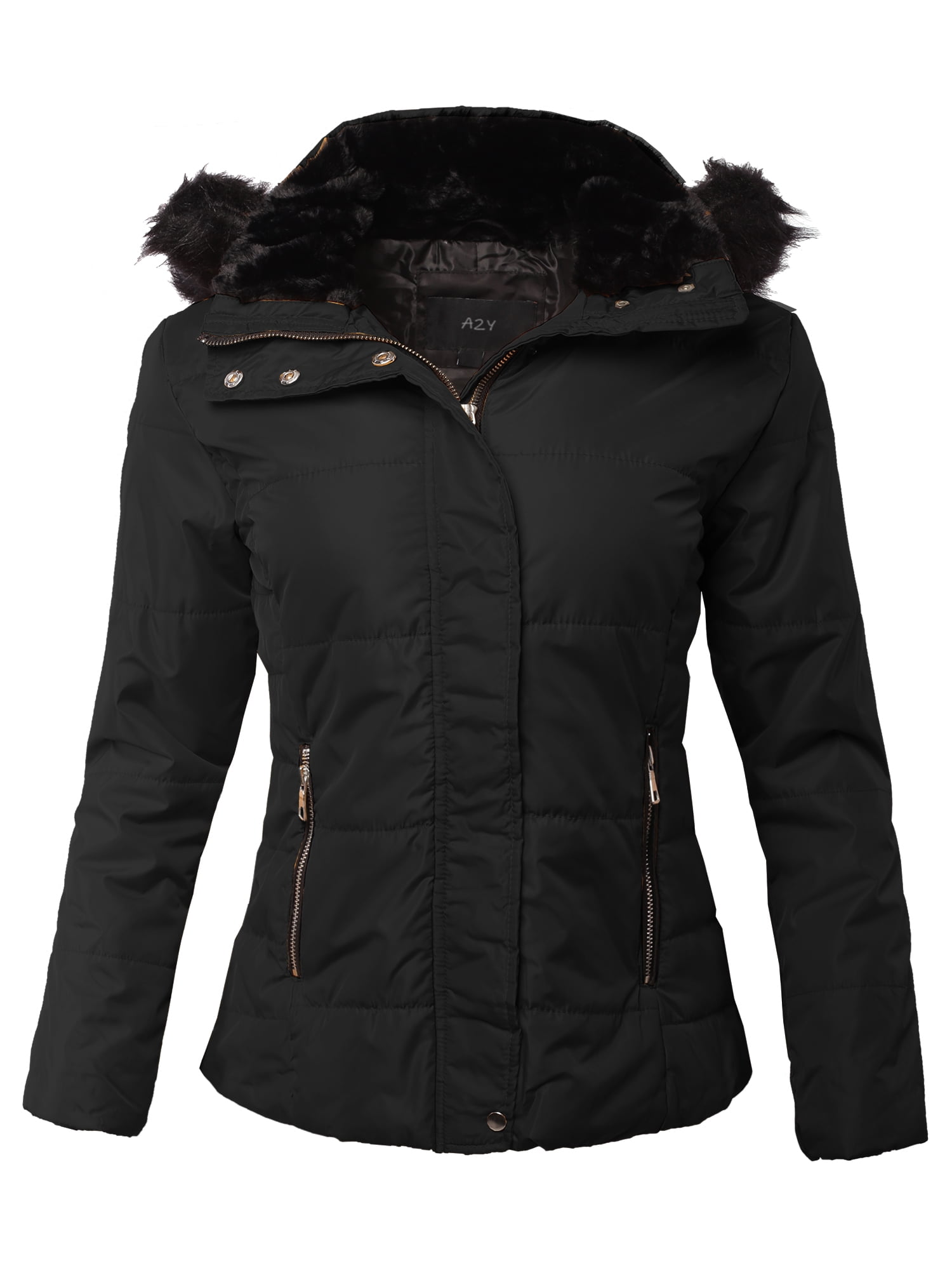 A2Y A2Y Women's Detachable Hood Fur Metal Zipper Quilted Anorak Puffer Jacket Black S