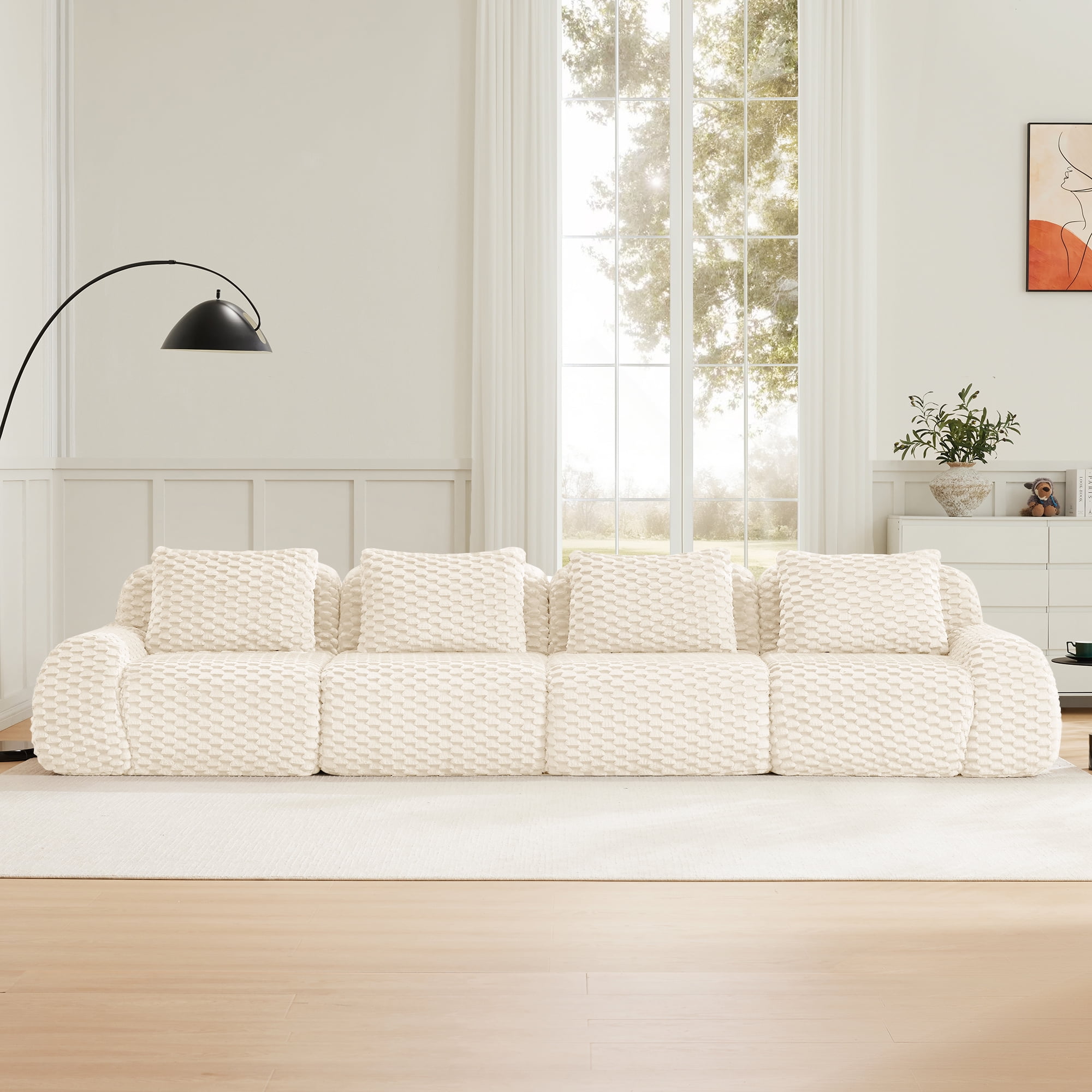 MAYEERTY 146" Modular Sectional Sofa, Textured Flannelette, Pet-Friendly, Deep Seat, No Assembly, Cream