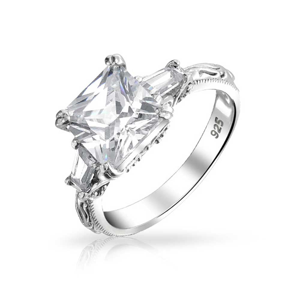Princess Kylie Square Center Baguette Cubic Zirconia Designer Bridal Ring Rhodium Plated Sterling Silver
