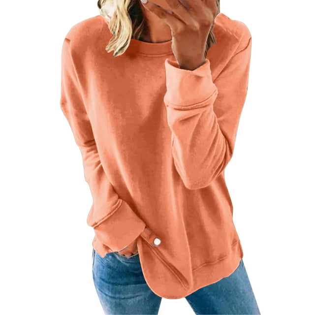 Pxiakgy Chandail Décontracté à Manches Longues pour Femmes Automne Hiver Col Rond Couleur Unie Orange + S