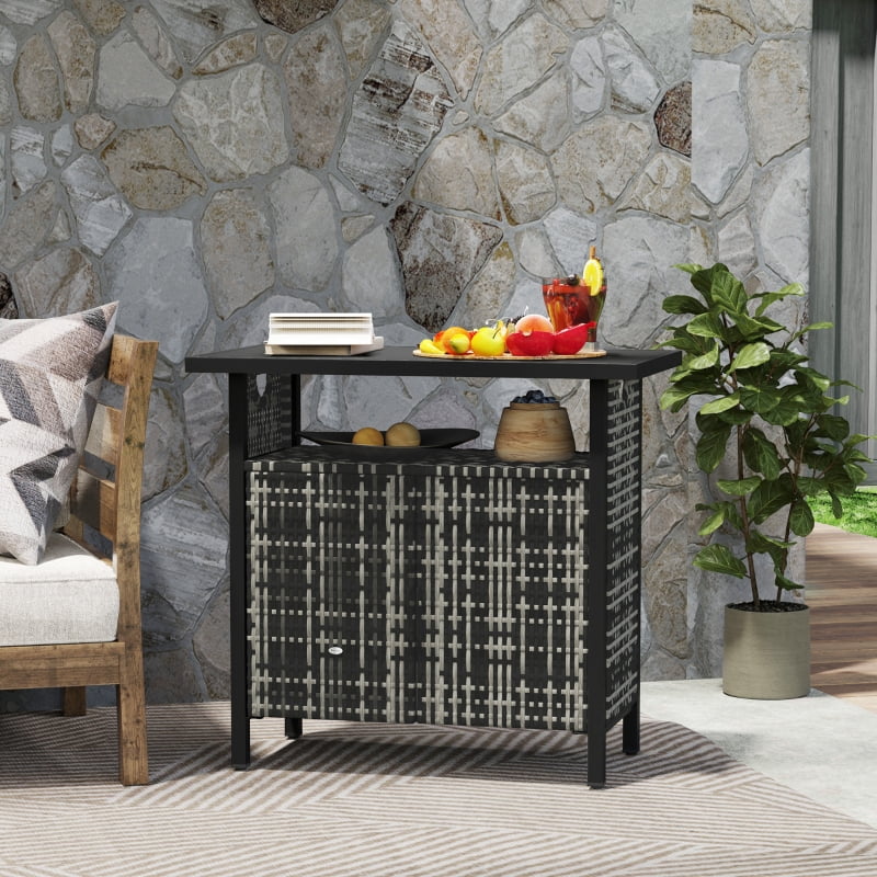 HOQBN Outdoor Pool Towel Storage Cabinet Organizer, Outdoor Bar Table with Shelf and Cabinet, Pool Towel Holder Pool HOQBN Valet with Weather-Resistant PE Rattan and Steel Frame, Mixed-Gray