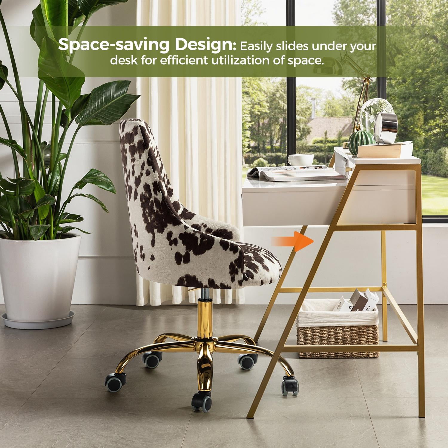 Home Office Computer Desk Chair Upholstered Swivel Adjustable Study Task Chairs Gold Base Cow COWHIDE