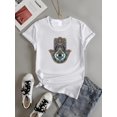 thumbnail image 2 of Women's Bohemian Black T-Shirt with Intricate Hamsa Hand & Eye Design - 92% Cotton/8% Elastane Blend, Stretchy Short Sleeve Round Neck Top, Machine Washable All-Season Casual Shirt, 2 of 6