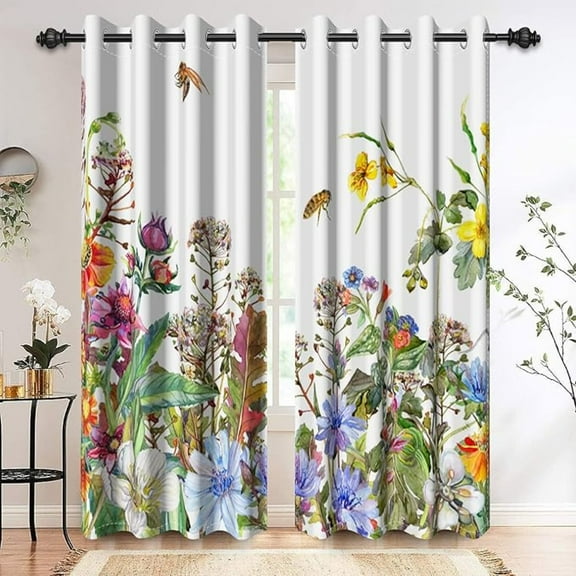 Botanical Blackout Curtains Flowers Wild Plants Thermal Insulated Window Curtains For Bedroom Spring Grommet Window Drapes For Living Room 42"W x 96"L (Pack of 2)