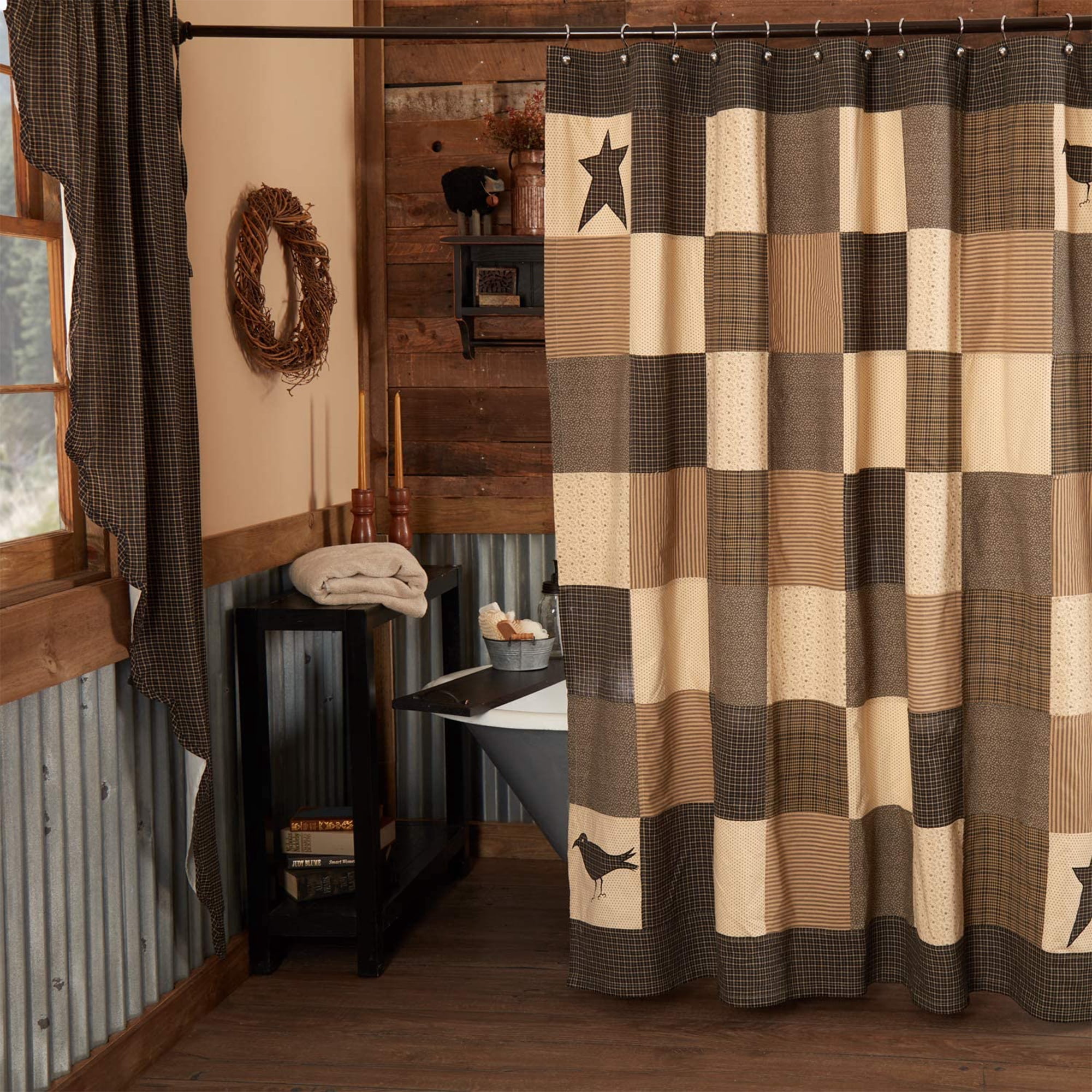 VHC Brands Kettle Grove Country Patchwork Shower Curtain, Black and Creme