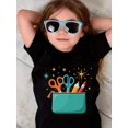 thumbnail image 2 of Girls & Boys Stationery Cotton Graphic Tees, Back To School Clothes Girls, Black Summer Shirts With School Supply Graphic, Gift For First Day Of School, Round Neck Short Sleeve T-Shirt, 2 of 3