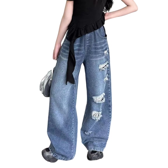 Baggy Jeans Girls Size 12 Elastic Waist Pull-On Wide Leg Jeans Regular Fit Straight Leg Casual Pants Back To School Clothes for Girls 10-12