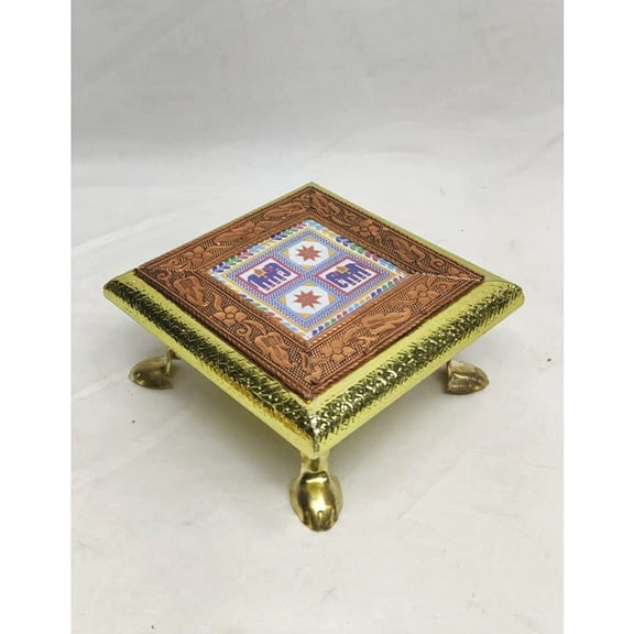 Wooden Chowki Brass And Copper With Hand Painted Bajot Meenakari Pooja Stool God Stand Indian Traditional Table Small Home Decor - AtoZ India Cart