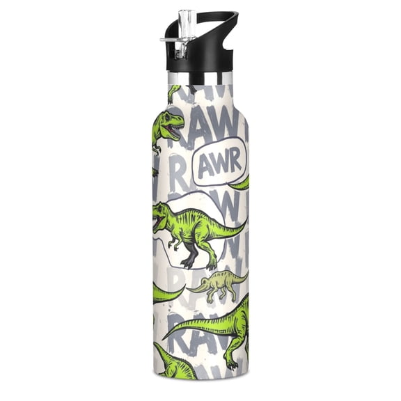 600ml Stainless Steel Water Bottle with Straw/Handle Bike Water Bottle, Green Dino Printed