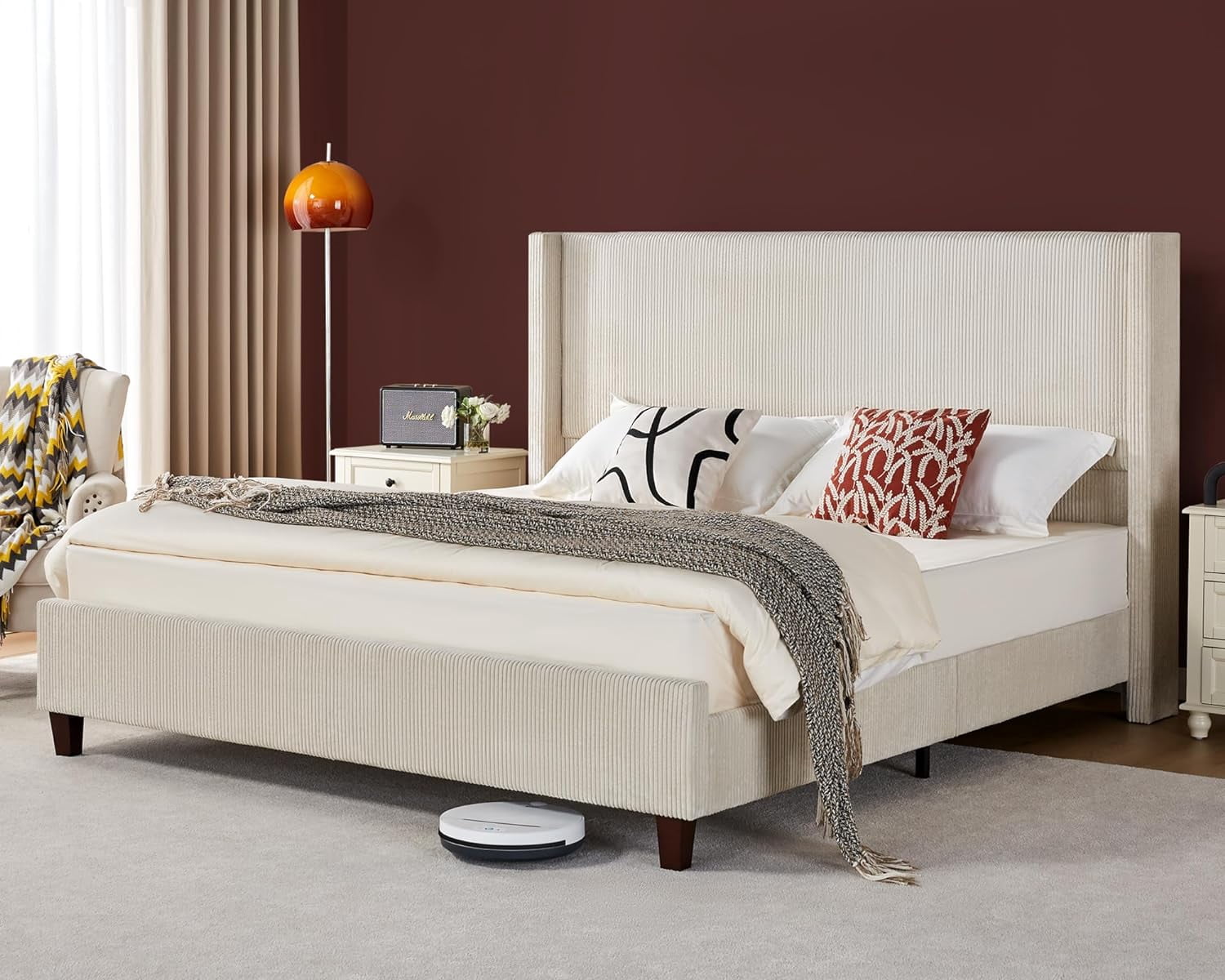 VanAcc King Size Platform Bed Frame, 50.8" Corduroy Upholstered Bed with Vertical Channel Tufted Headboard/Wooden Slats/Wingback, Beige