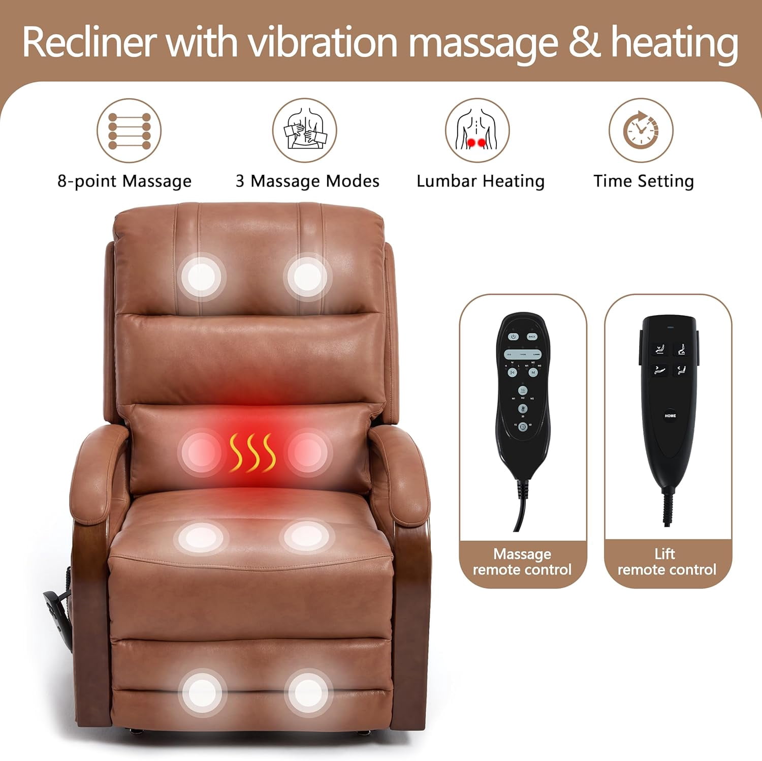 Power Lift Recliner Chair for Elderly People, Dual Motor Lift Chair with Vibration Massage and Heat, Lay Flat Recliner with Solid Wood Armrest, Standing Assistance Reclining, Faux Leather