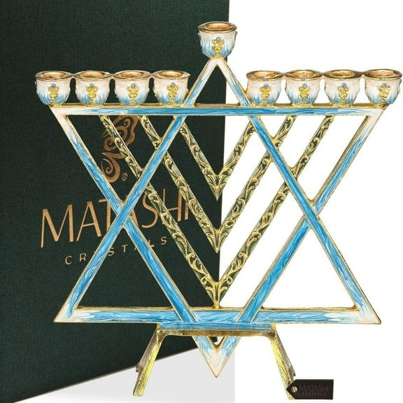 Matashi  Hand Painted Blue Enamel Menorah Candelabra with a Star of David Design