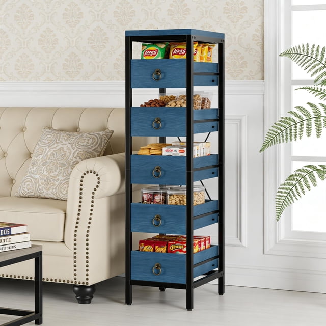 Gaderth 5 Tier Kitchen Storage Rack with Pull Out Drawers, Wooden Pantry Organizer Shelf with Metal Frame, Space Saving Storage Cabinet for Fruit, Vegetables, Snacks, Microwave, Living Room