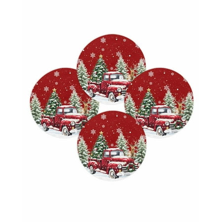 Christmas Round Placemats Set of 4 Red Truck Pine Tree Forest Place Mats Washable Woven Placemat Snowflake Reindeer Circle Braided Table Mat for Kitchen Dining Table Party Home Decor 15 Inch