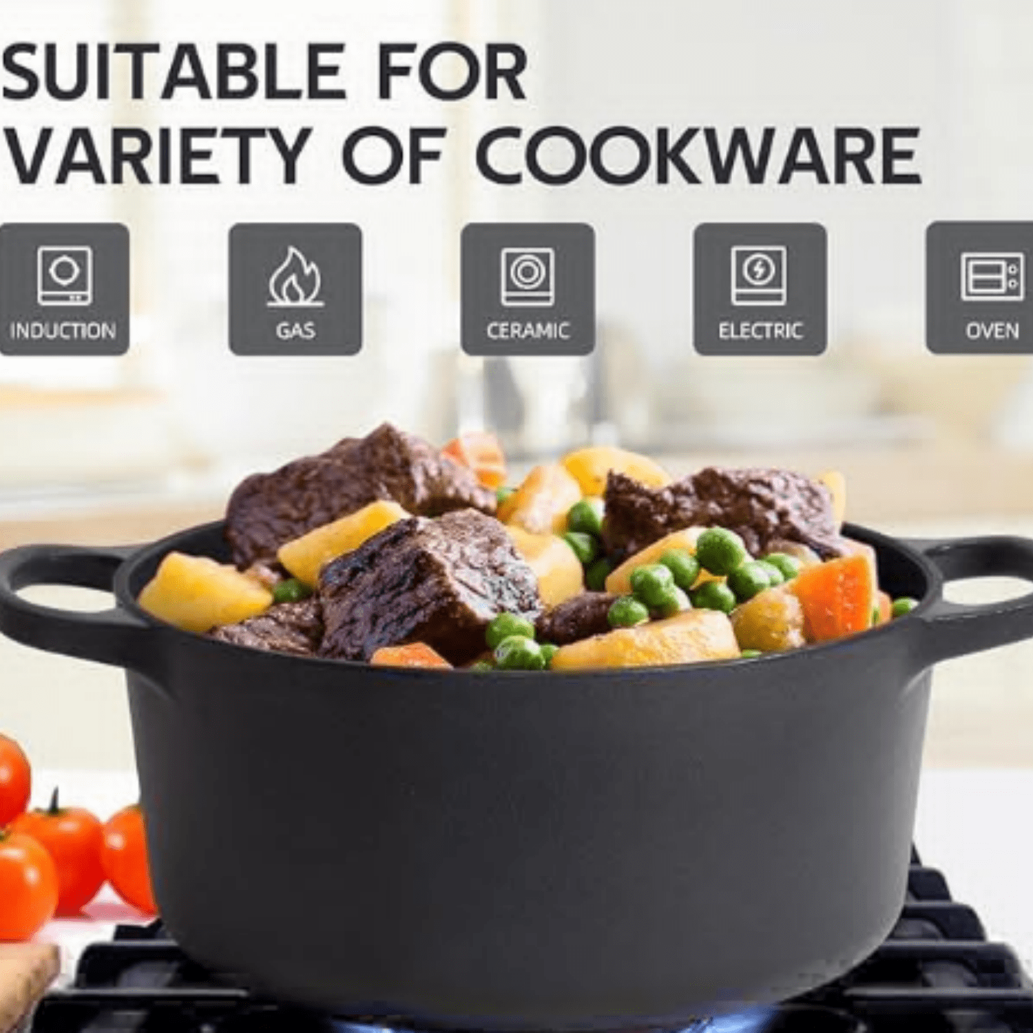6 Quart Dutch Oven Enameled Cast Iron with Lid - Big Dual Handles - Oven Safe up to 500°F - Classic Round Pot for Versatile Cooking (Matte Black(No Enameled), 6 QT)