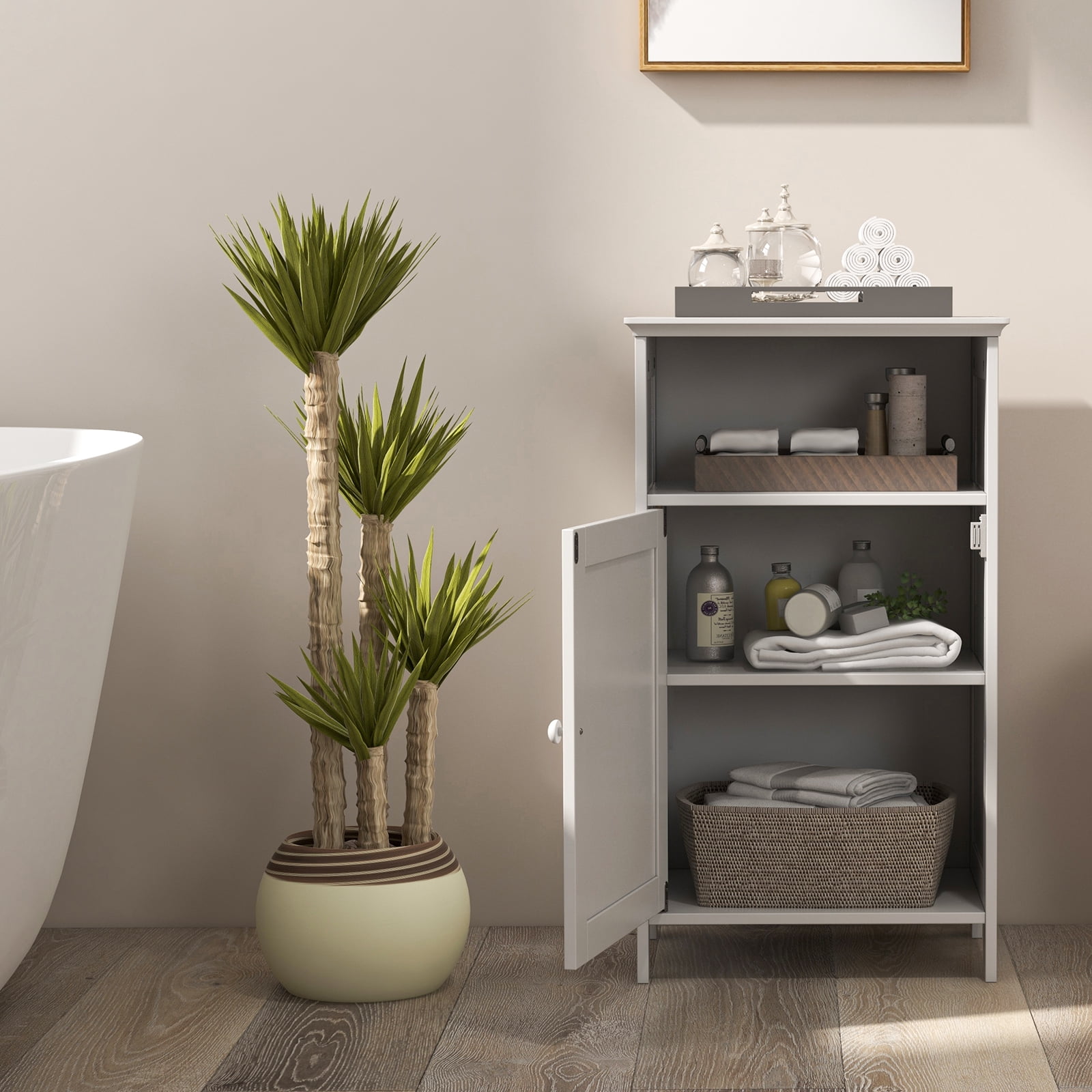 Gymax Bathroom Floor Storage Cabinet Side Table Adjustable Shelf Organize Freestanding