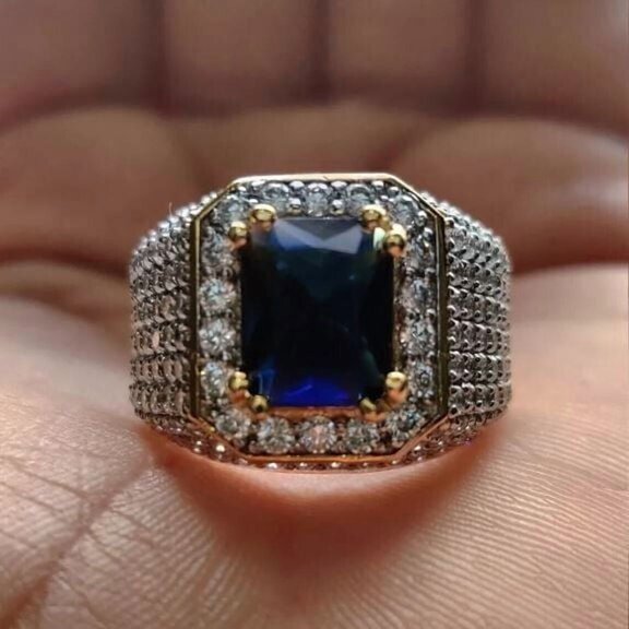 Men's 3CT Emerald Simulated Sapphire Cluster Wedding Ring 14k Yellow Gold Plated