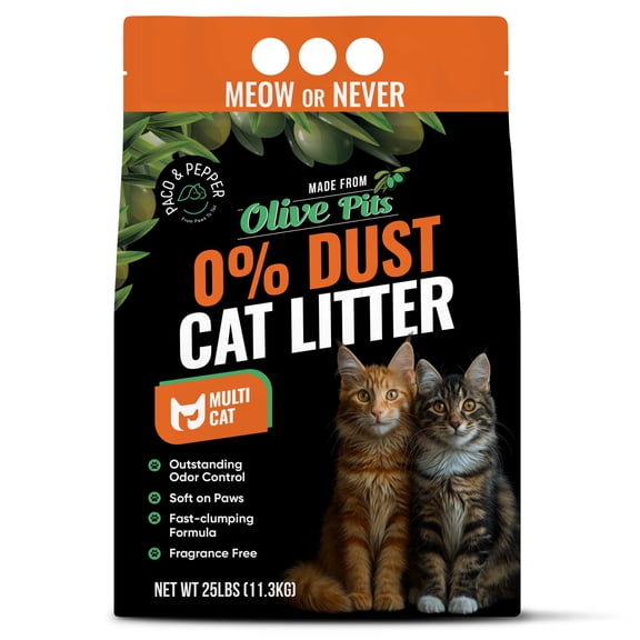 Made from Olive Pits 0% Dust Natural Unscented Clumping Multicat Formula Cat Litter, 25-lb bag