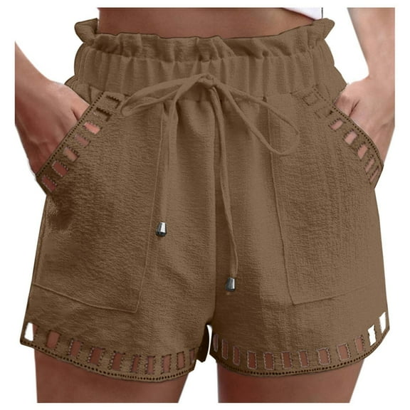 Tfken Summer Women Shorts Elastic Waist Solid Color Shorts With Pockets Fashion Casual Female Soft Clothes Brown
