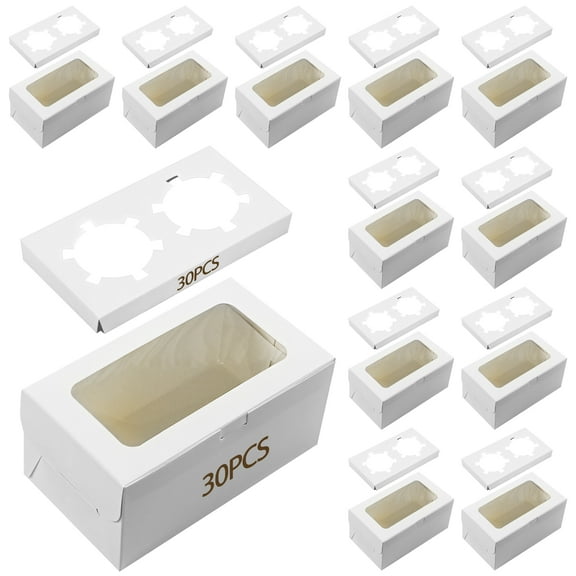 30 PCS White Cupcake Boxes with Clear Window, White Kraft Paper Muffin Box with 2 Cavity Design, Dessert Packaging Box, Cupcake Snack Holder, Treat Storage Box for Home Bakery Cafe Restaurant