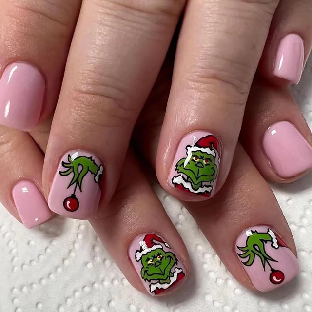 Uñas postizas navideñas, uñas postizas largas de ataúd, uñas postizas rojas de cubierta completa con diseño Grinch, uñas postizas de invierno, uñas acrílicas artificiales navideñas, suministros de dec
