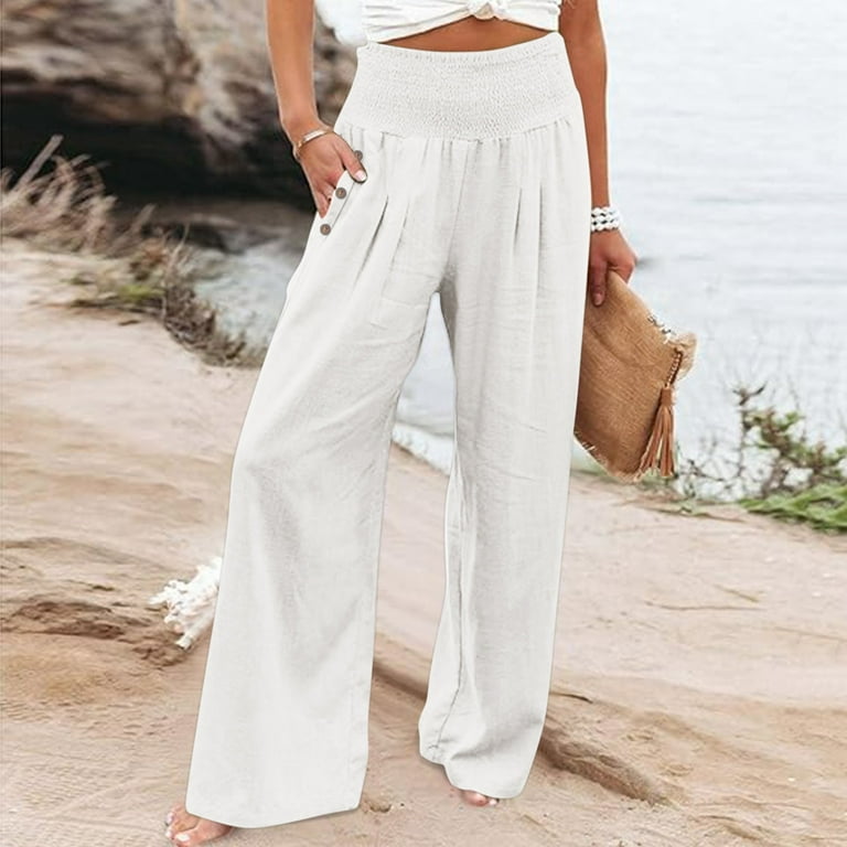 Wide Leg Linen Pants Summer Boho Wide Leg High Waist Comfy Flowy Wide Leg Pants Tapered Pants Elastic Waist Ankle Length Pants Straight Leg Trousers with Pockets White L Walmart
