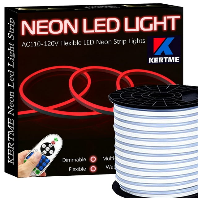 KERTME Neon Led Type AC 110-120V LED NEON Light Strip, Flexible/Waterproof/Dimmable/Multi-Modes LED Rope Light + 23 Keys Remote for Home/Garden/Building Decoration (98.4ft/30m, Red)