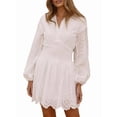 thumbnail image 3 of Women'S Spring Long Puff Sleeve Mini Dress Hollow Out Lace V Neck A Line Ruffle Casual Party Dresses White S, 3 of 9
