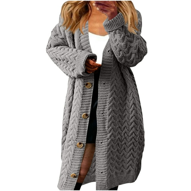 Mceream Womens Long Cardigan Chunky Cable Knit Fall Sweaters Lightweight Button Up Open Front Cardigans Oversized Coats Pocket Plus Size Outwear Chaquetas De Invierno Para Mujer Gray L
