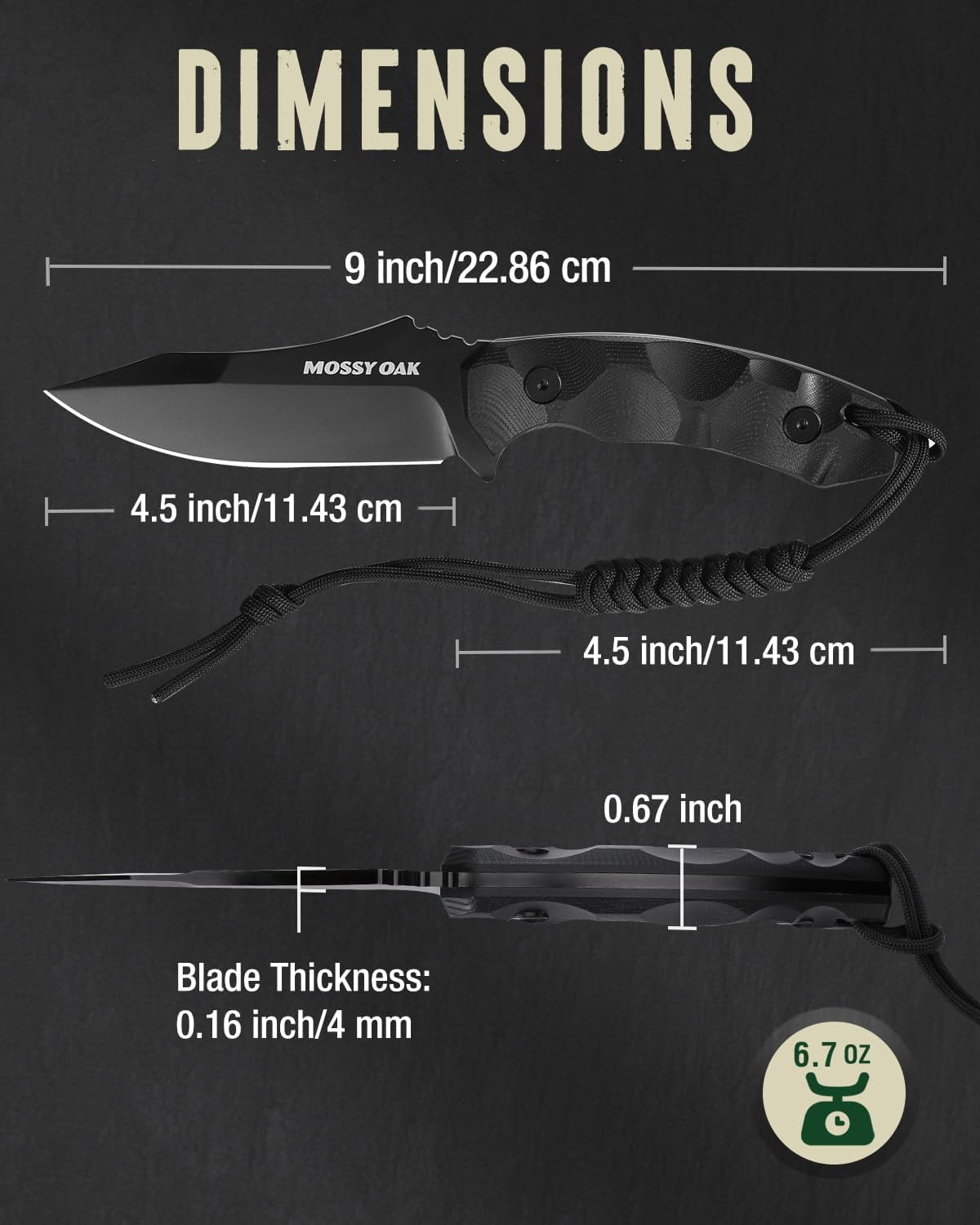 Mossy Oak 9" Fixed Blade Hunting Knife with Sheath, 14C28N Full Tang, G10 Handle Outdoor Knife for Survival, Camping, Hiking(Black)