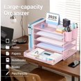 thumbnail image 3 of ThrottleT-Desk Organizers and Accessories with File Holder, 5-Tier Office Desk Accessories & Workspace Desktop Organizer with Drawer and 2 Pen Holder, File Paper Organizer for Office Supplies(Pink), 3 of 14