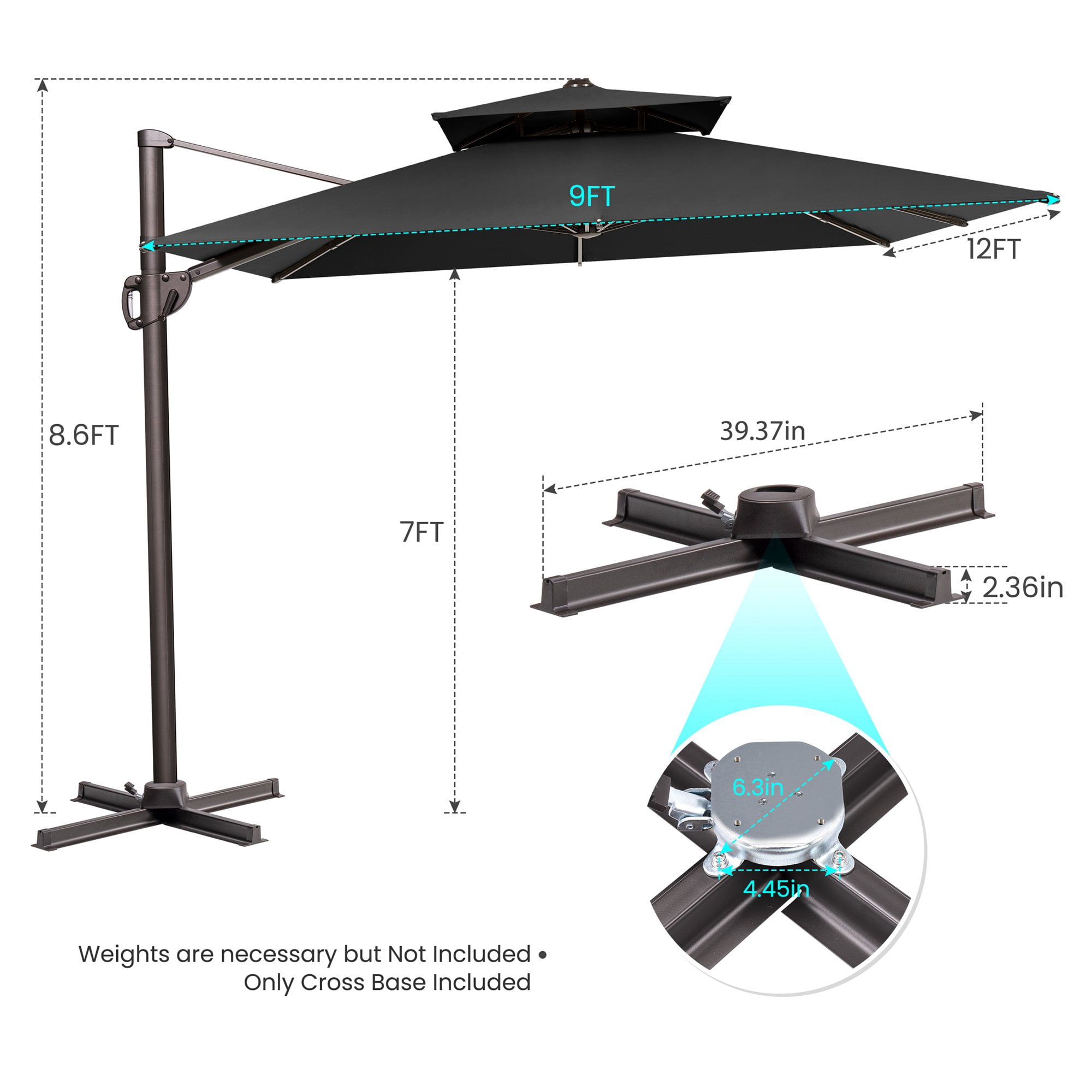 Pellebant 9 ft. x 12 ft. Rectangular Double Top Patio Cantilever Umbrella, Black