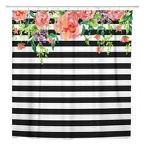 Libin Colorful Black and White Floral Roses Watercolor Stripe Pink Shower Curtain 66x72 inch