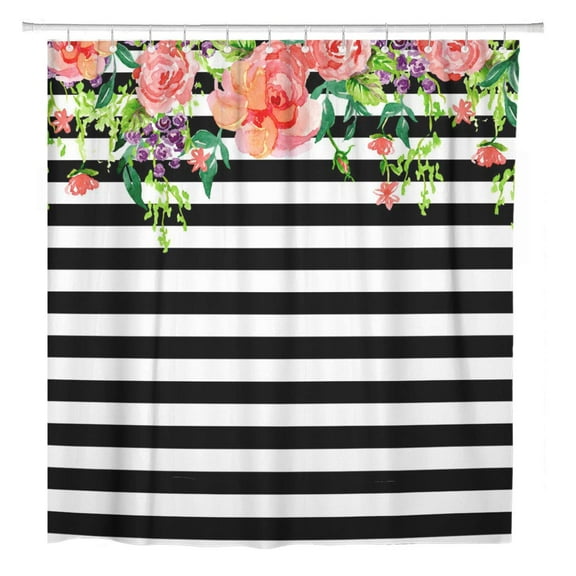 Libin Colorful Black and White Floral Roses Watercolor Stripe Pink Shower Curtain 66x72 inch