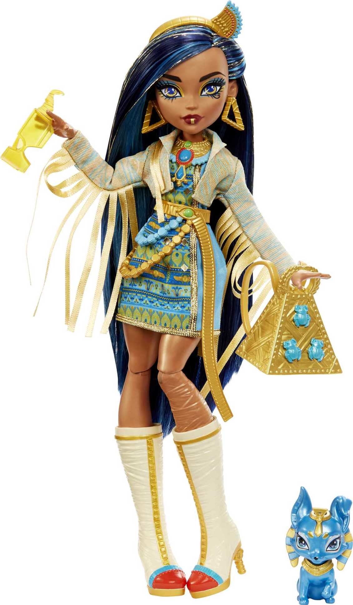 Monster High Cleo De Nile Fashion Doll with Blue Streaked Hair, Accessories  & Pet Dog 