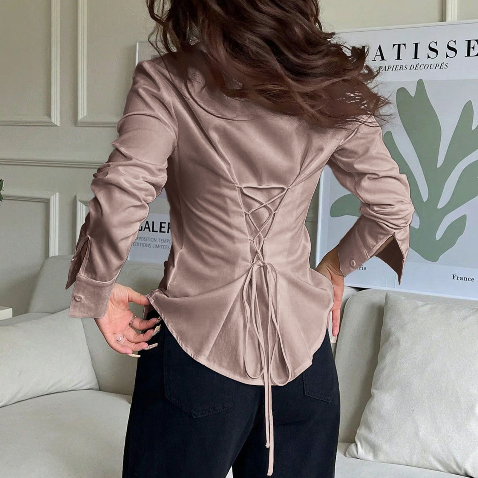 Long Sleeve Shirts for Women, Women's Long Bell Sleeve Button Down Shirt Lace Up Back Princess Line Lapel Top