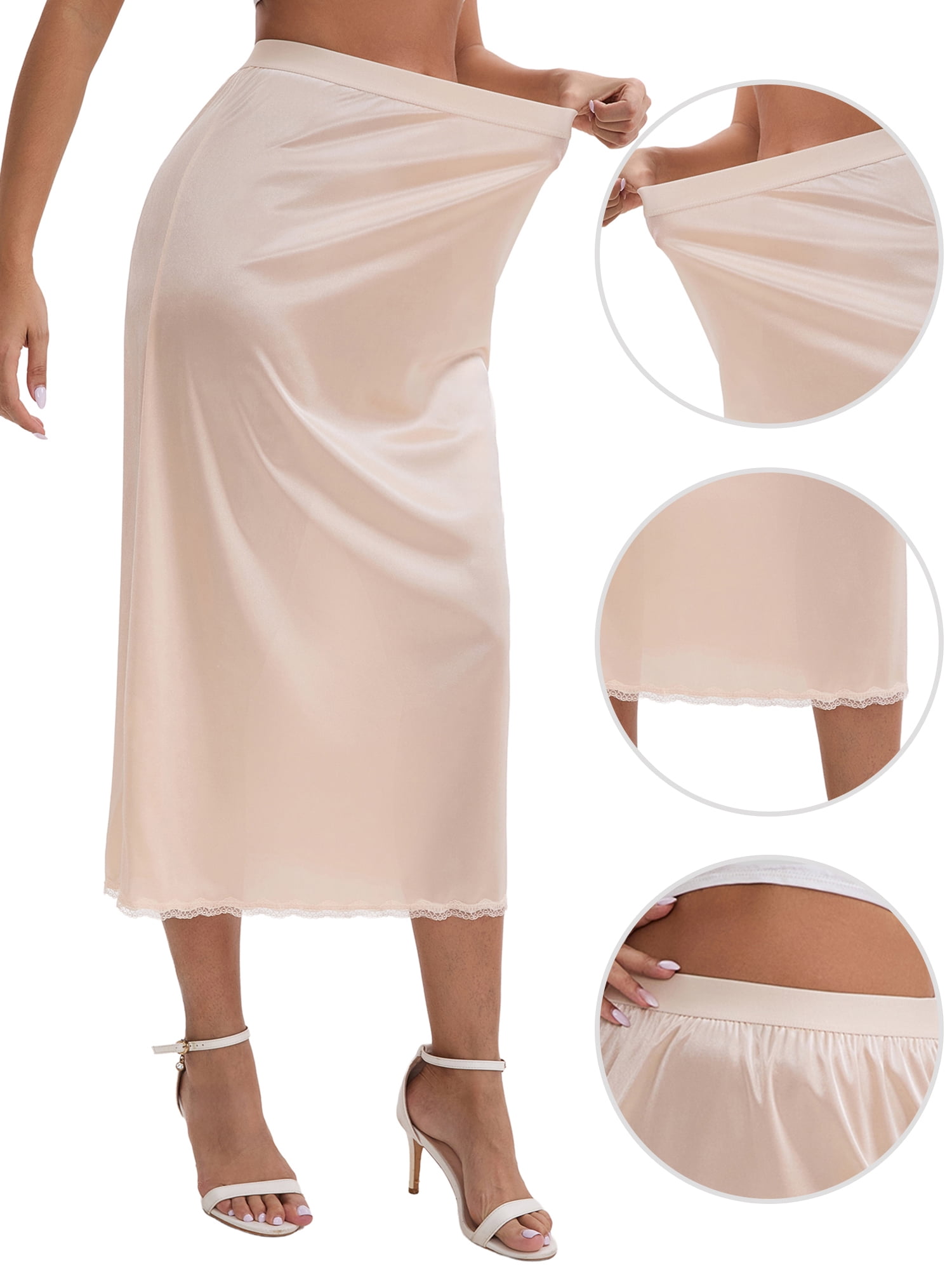 DARING DIVA Women's Satin Lace Trim Flared Hem Lightweight Maxi Half Slip 3XL Beige