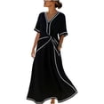 thumbnail image 3 of ClodeEU Women's Summer Boho V Neck Cotton Tunic Dress ,Casual Loose Short Sleeve Midi Long Beach Dress Black,Womens Plus L, 3 of 7