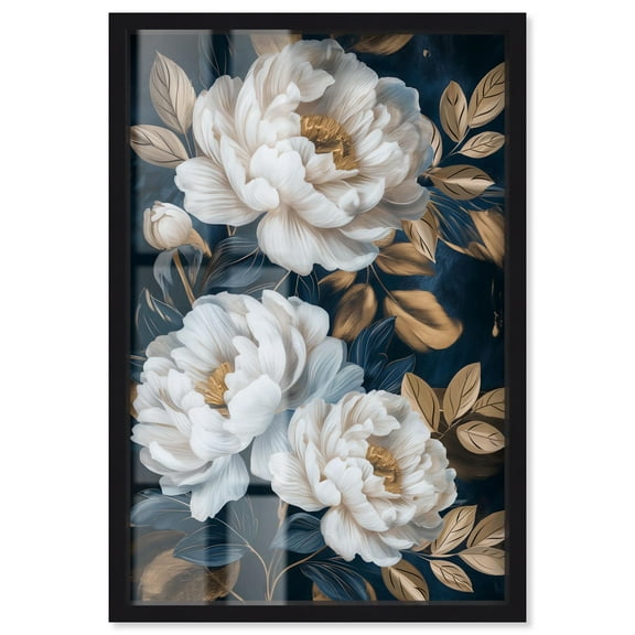 White Flowers and Golden Leaves Shadowbox Print Floral Wall Decor by Art Remedy, Black Frame, 10 x 15