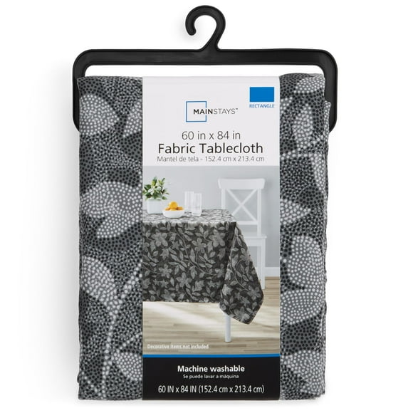 Mainstays Dot Botanical Fabric Tablecloth, Black, 60"x102"
