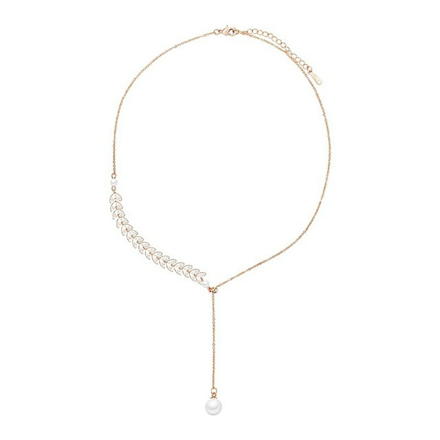 Women Necklace Adjustable Simple Leaves Fake Pearl Pendant Necklace